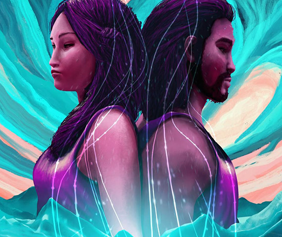 The Reef - still of a stylized animated man and woman taken from an animated campaign relating to the kumulipo, created and produced by Hyperspective