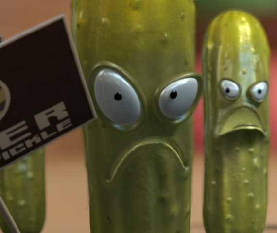 Protesting Pickles - Still taken from an animated spot that was filmed and produce by Hyperspective of 3D animated protesting pickle characters for Erik's Delicafe