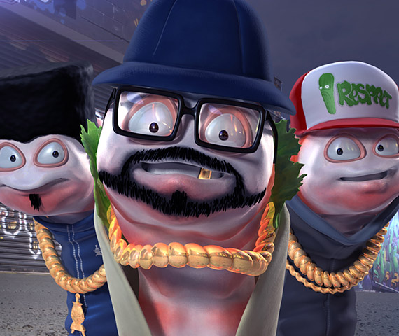 Shrimp Wrap Rap - still of 3D animated shrimp rapper wrap characters wearing gold chains - taken from an animated campaign created by Hyperspective