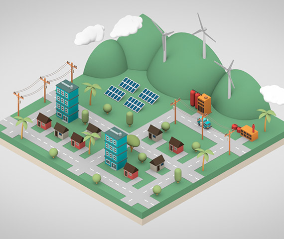 Green Energy Future - still of a 3D animated stylized neighborhood with renewable energy taken from a 3D animated campaign created by Hyperspective