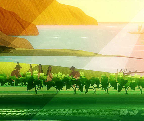 The Path - still of an animated traditional Hawaiian landscape with Hawaiians working in a loʻi and loko iʻa in the distance taken from an animated film produced by Hyperspective