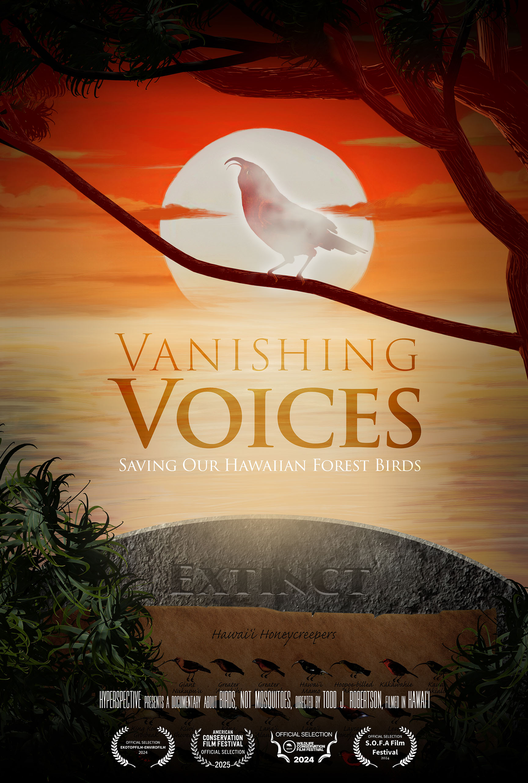 Vanishing Voices: Saving Our Hawaiian Forest Birds Film Poster - a documentary film produced by Hyperspective that includes video and animation